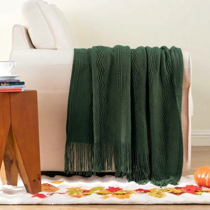 Plaid VELEN Sapin – Tricoté à Motifs en Relief & Franges