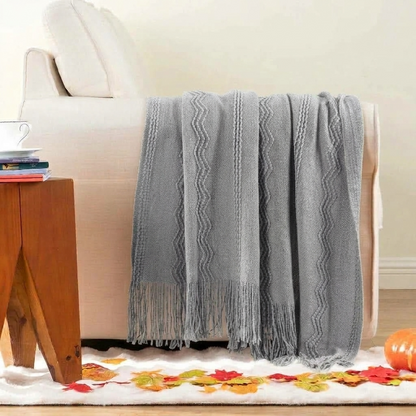 Plaid VELEN Gris – Tricoté à Motifs en Relief & Franges