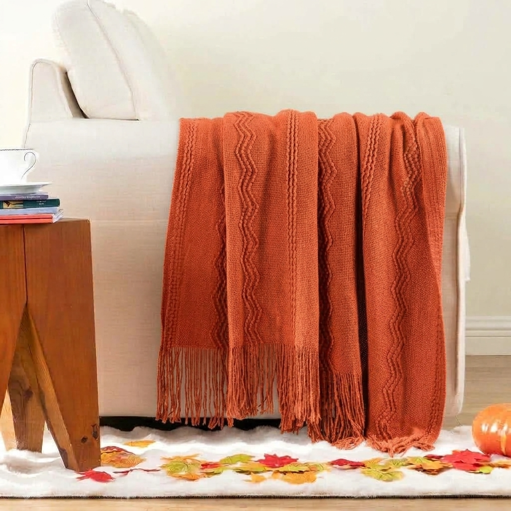 Plaid VELEN Orange – Tricoté à Motifs en Relief & Franges