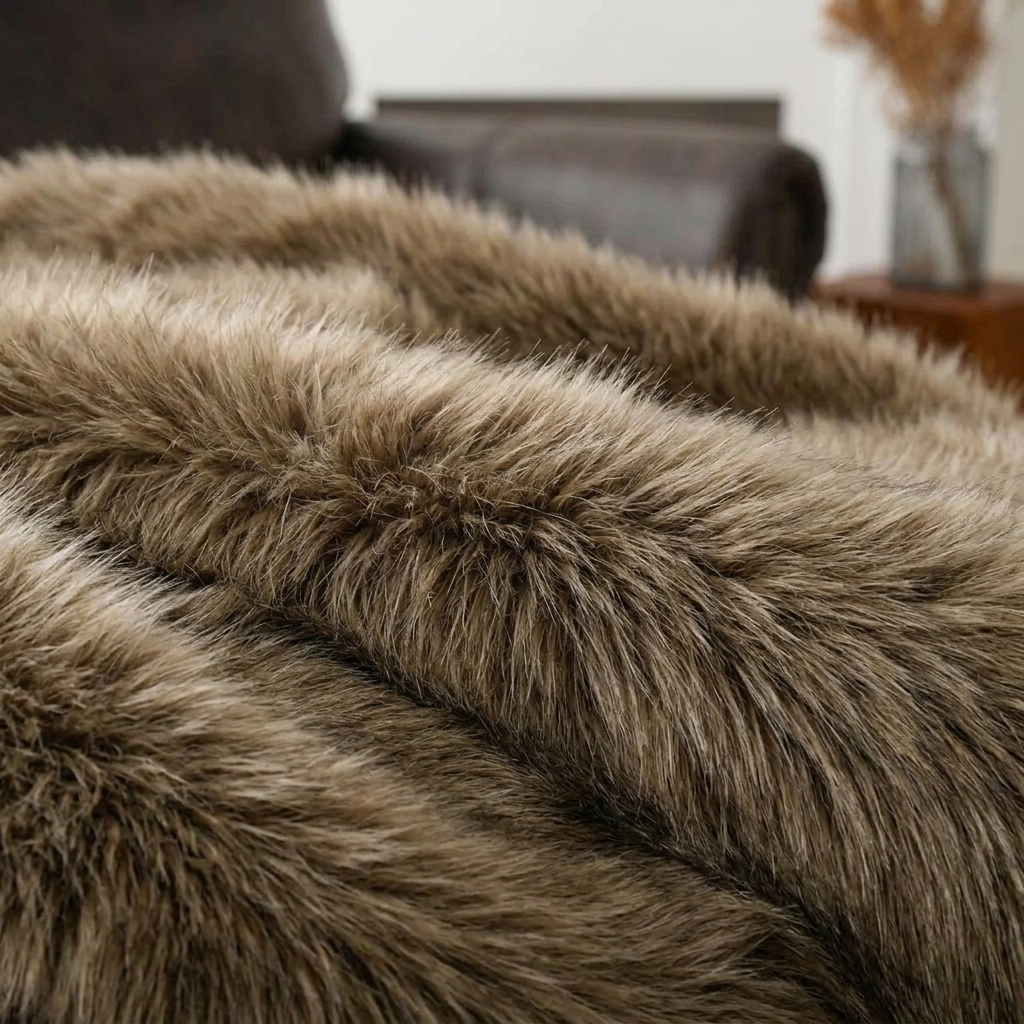 Plaid ALBA Taupe – Fausse Fourrure Douce à Poils Longs