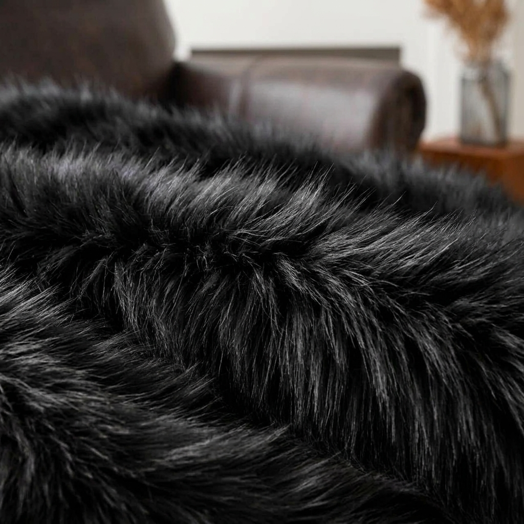 Plaid ALBA Noir – Fausse Fourrure Douce à Poils Longs