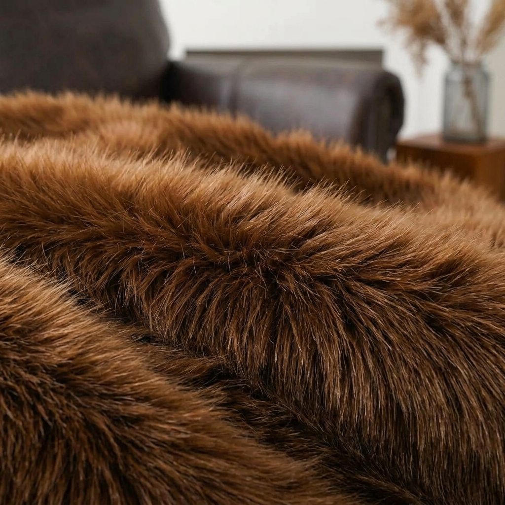 Plaid ALBA Chocolat – Fausse Fourrure Douce à Poils Longs
