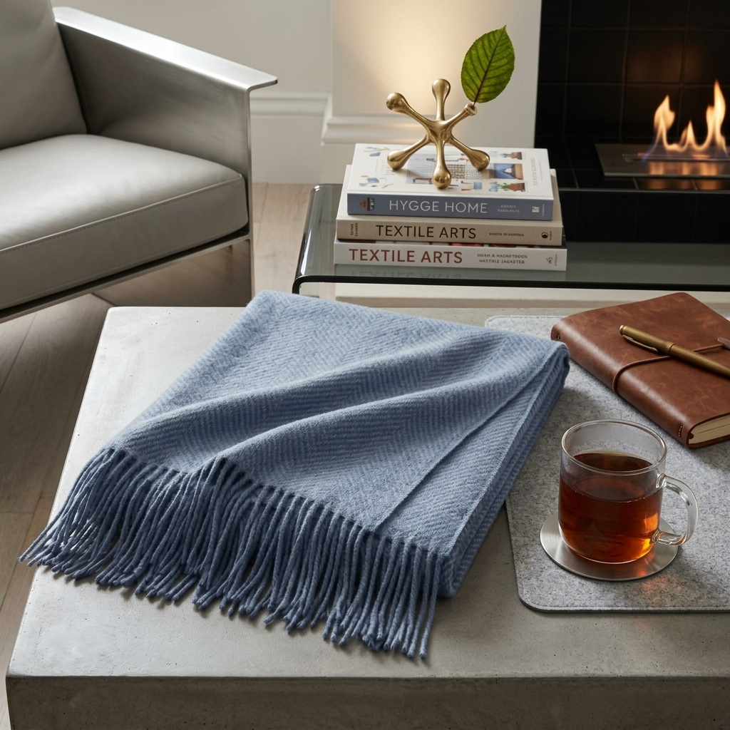 Plaid LIV Bleu – 100 % Laine Unie à Franges
