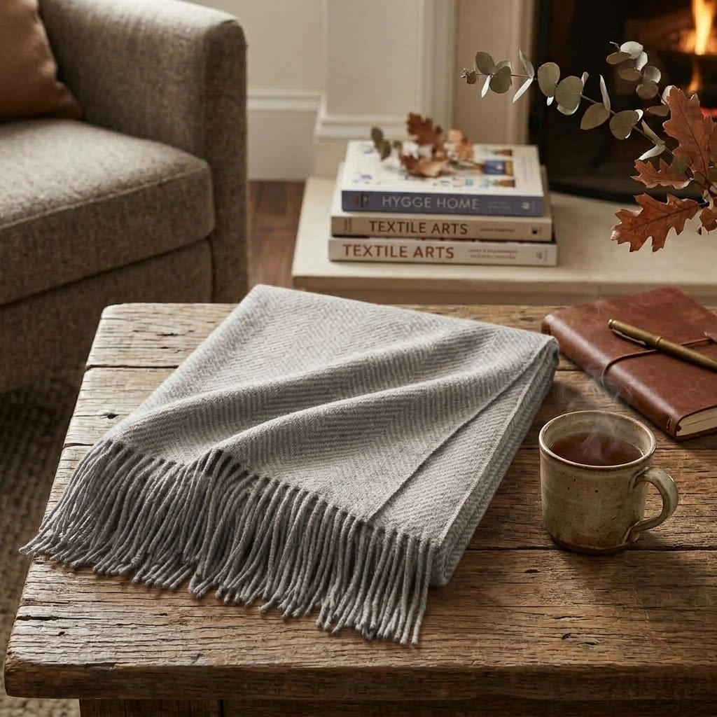 Plaid LIV Gris – 100 % Laine Unie à Franges