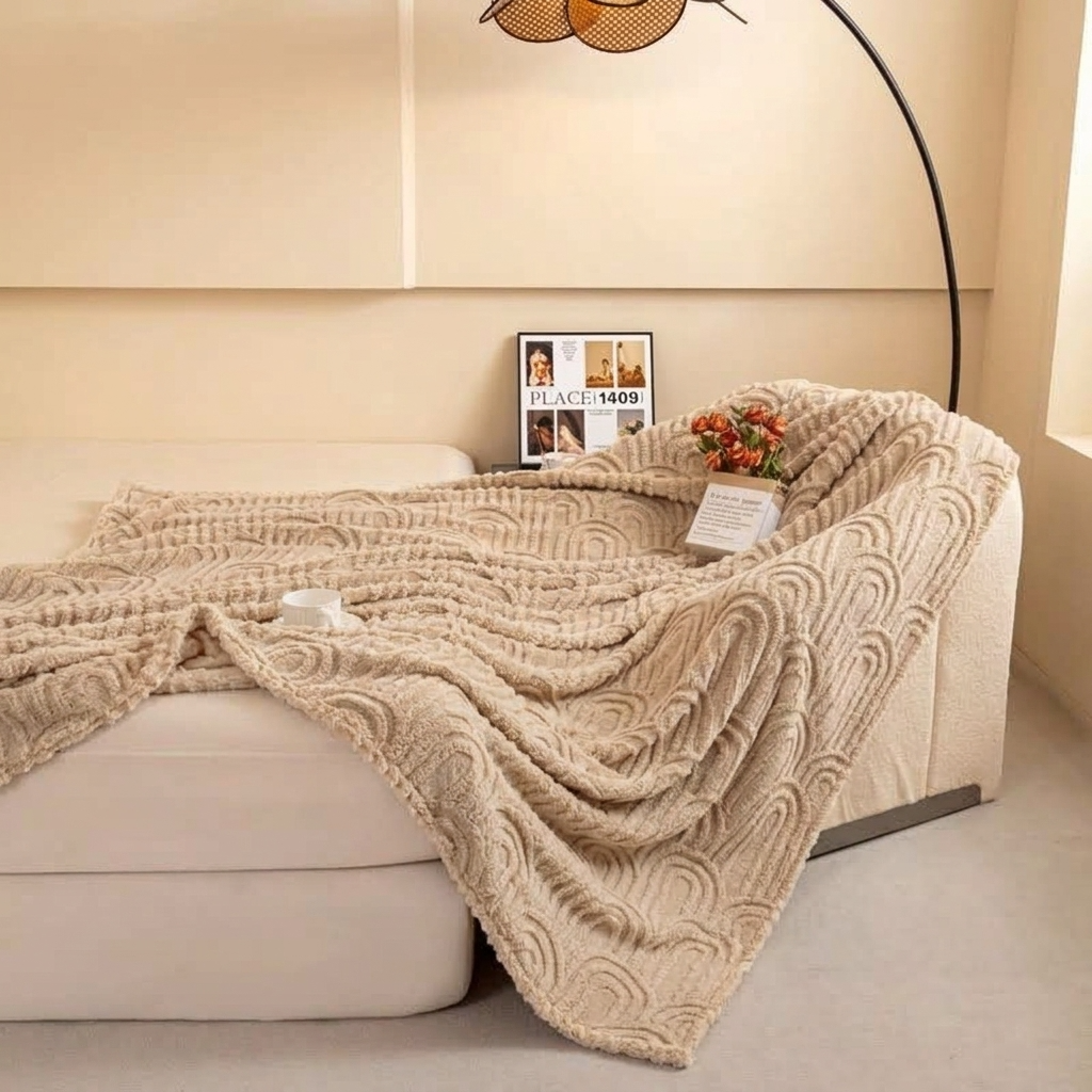 Plaid MILO Beige – Polaire Douce à Motif Jacquard en Relief
