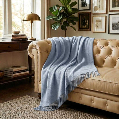 Plaid LIV Bleu – 100 % Laine Unie à Franges