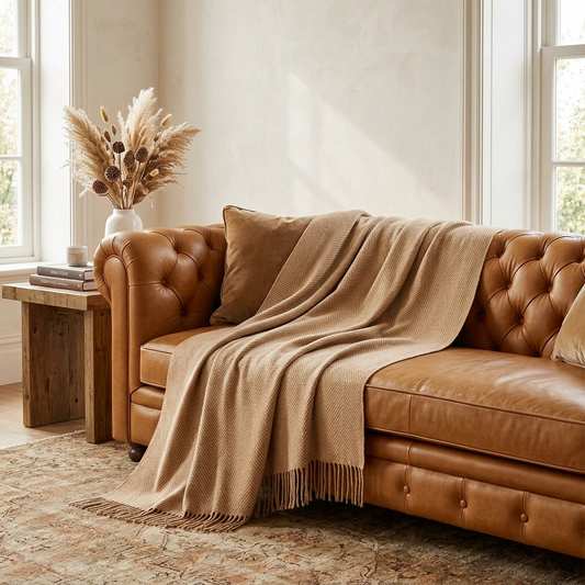 Plaid LIV Camel – 100 % Laine Unie à Franges