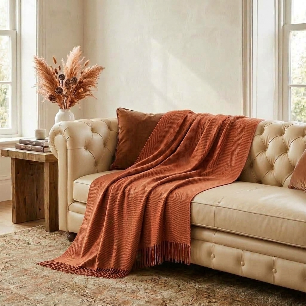 Plaid LIV Terracotta – 100 % Laine Unie à Franges