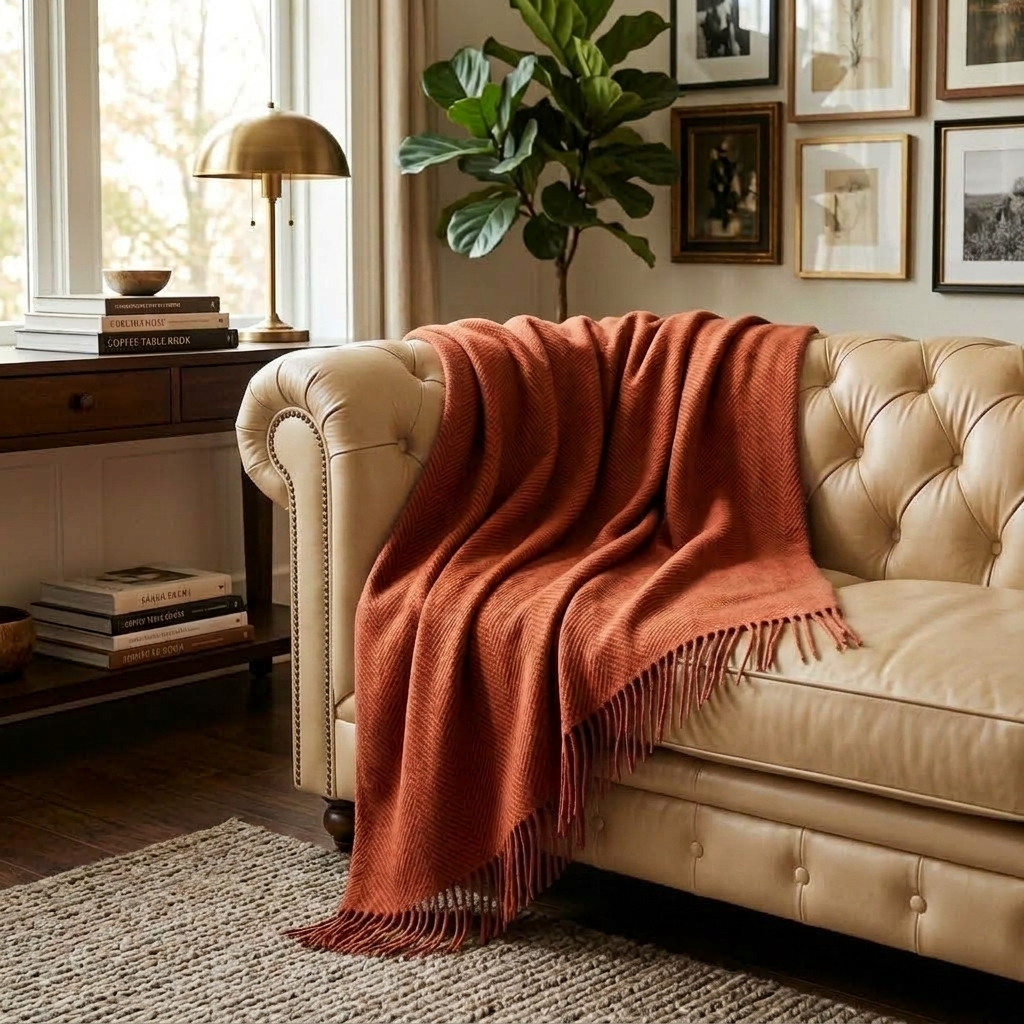 Plaid LIV Terracotta – 100 % Laine Unie à Franges
