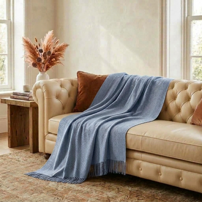 Plaid LIV Bleu – 100 % Laine Unie à Franges