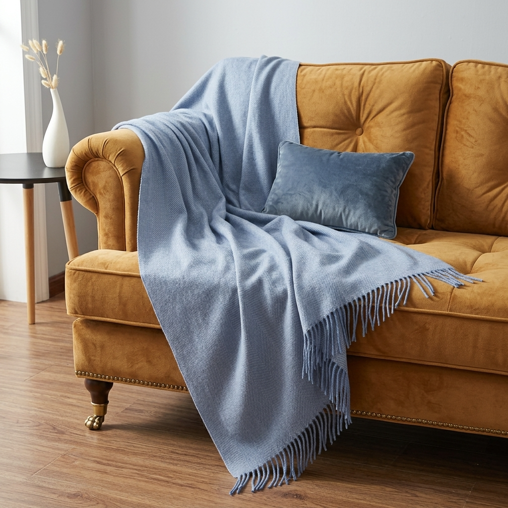 Plaid LIV Bleu – 100 % Laine Unie à Franges