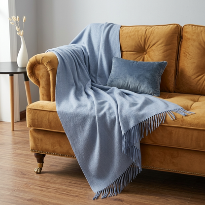 Plaid LIV Bleu – 100 % Laine Unie à Franges
