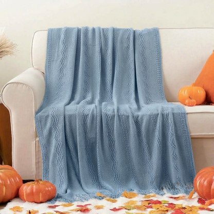 Plaid VELEN Bleu – Tricoté à Motifs en Relief & Franges