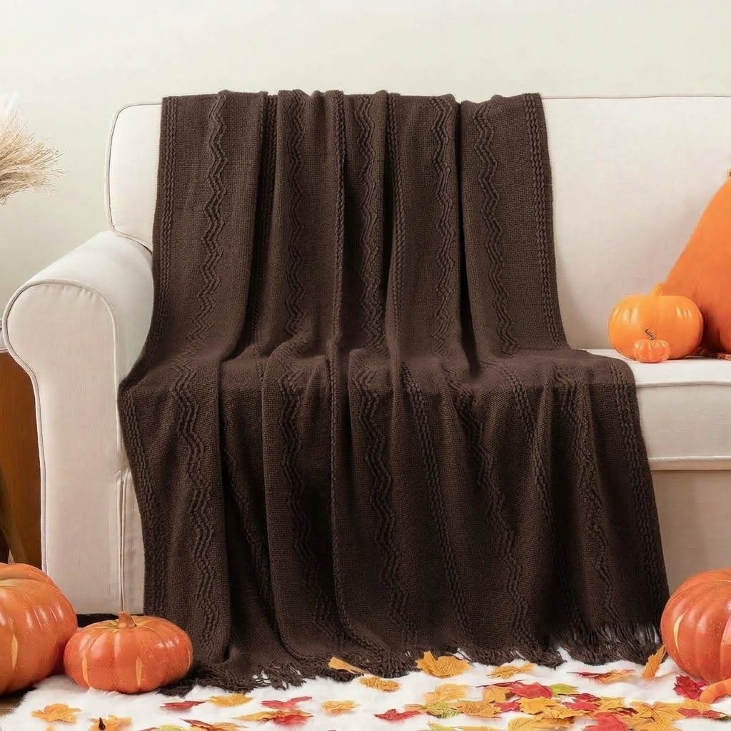 Plaid VELEN Marron – Tricoté à Motifs en Relief & Franges