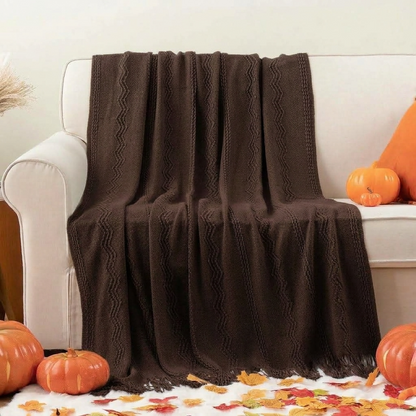 Plaid VELEN Marron – Tricoté à Motifs en Relief & Franges
