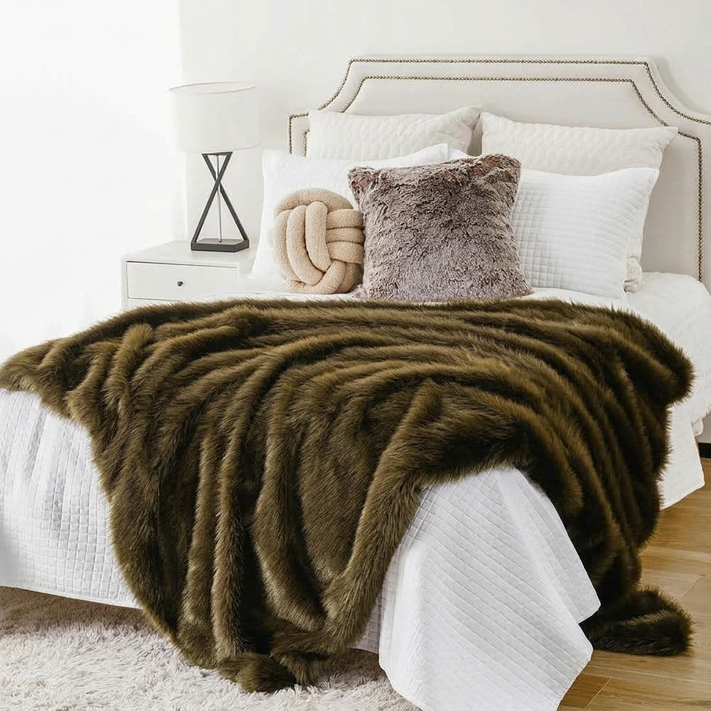 Plaid ALBA Kaki – Fausse Fourrure Douce à Poils Longs