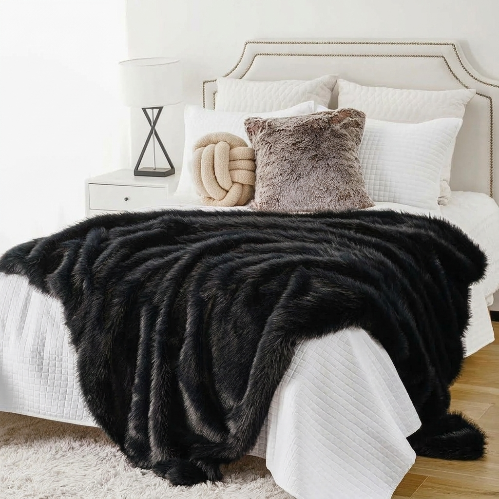 Plaid ALBA Noir – Fausse Fourrure Douce à Poils Longs