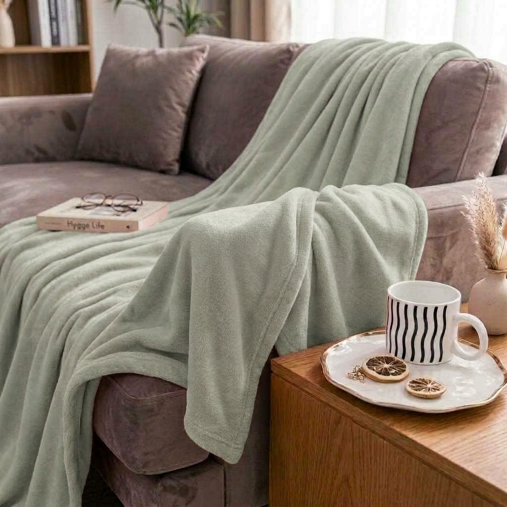 Plaid SÉLIA Vert de gris – Flanelle Douce et Légère