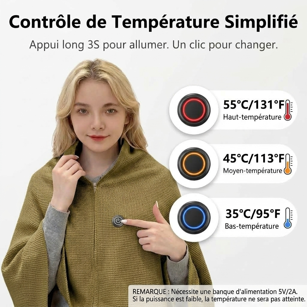 Plaid Chauffant NELYS Kaki - Portable à 3 Niveaux de Température