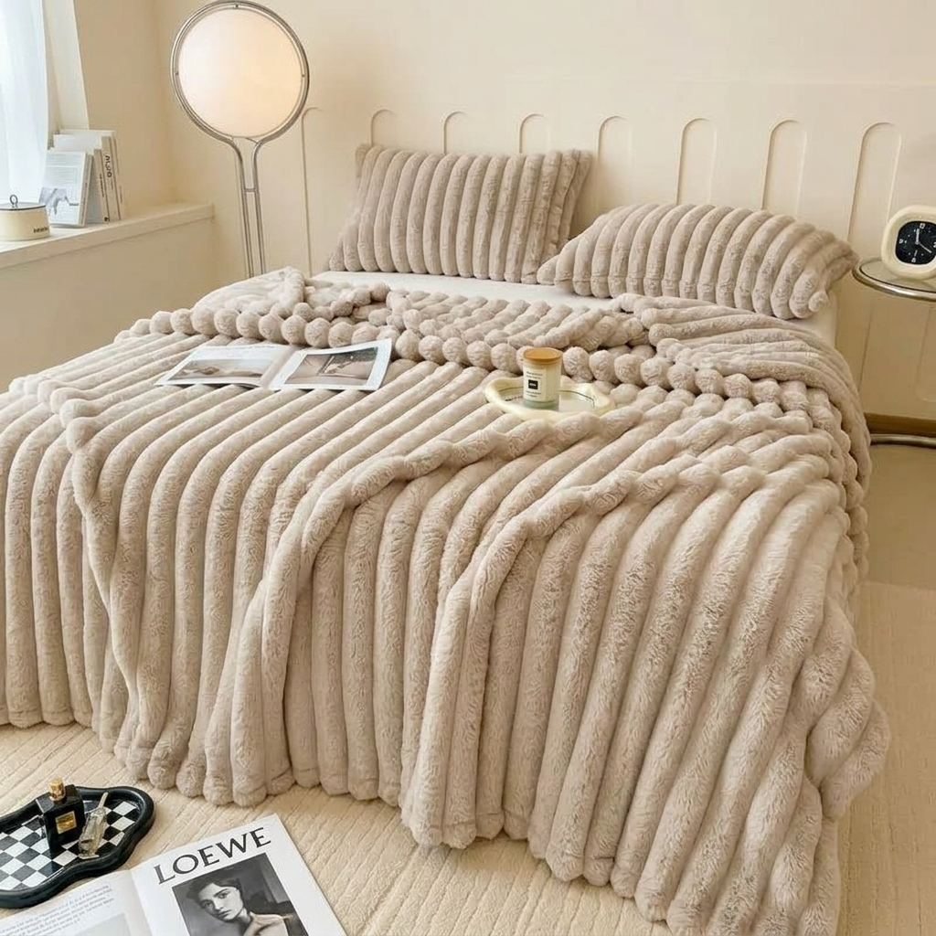 Plaid LOVA Taupe – Fausse Fourrure Côtelée Douce et Épaisse
