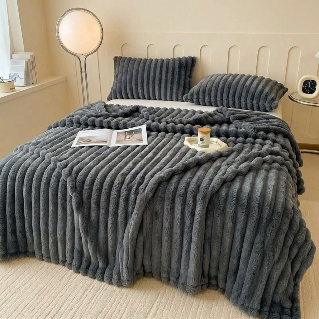 Plaid LOVA Gris – Fausse Fourrure Côtelée Douce et Épaisse