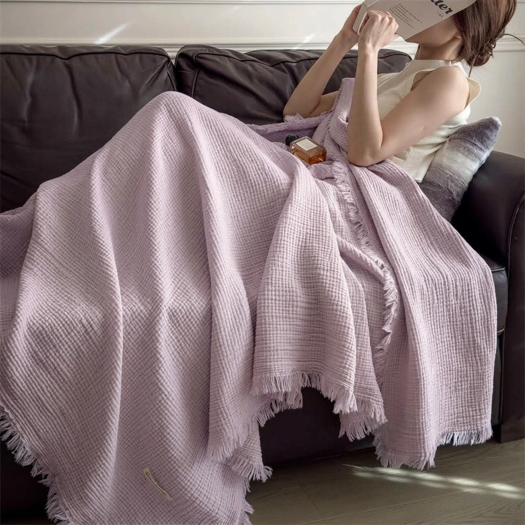 Plaid NAYA Violet – 100 % Coton 4 Épaisseurs à Franges