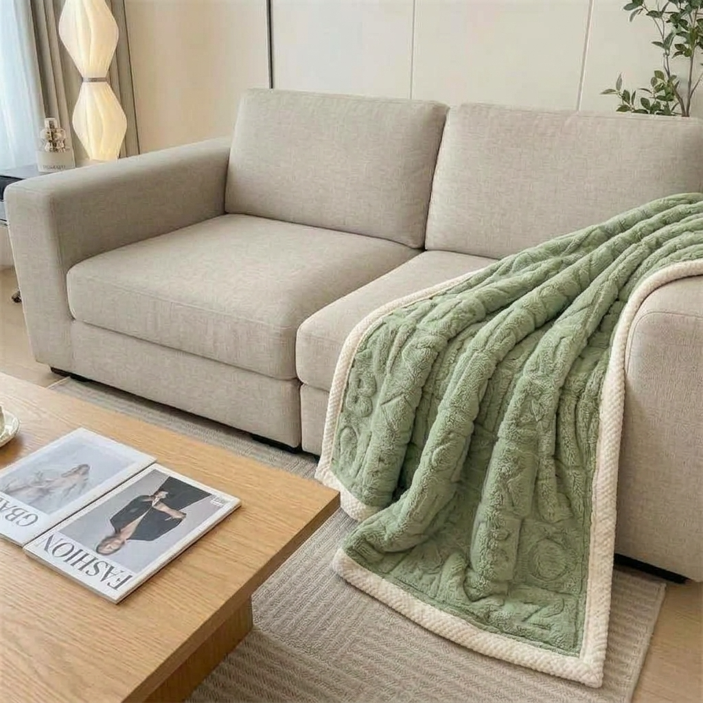 Plaid MILA Vert – Polaire Douce à Motifs Cœur en Relief