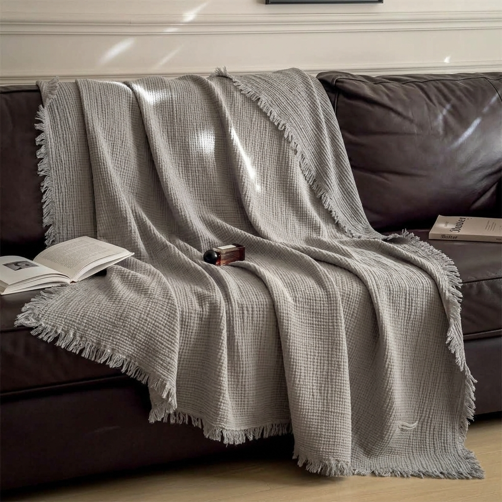 Plaid NAYA Gris – 100 % Coton 4 Épaisseurs à Franges