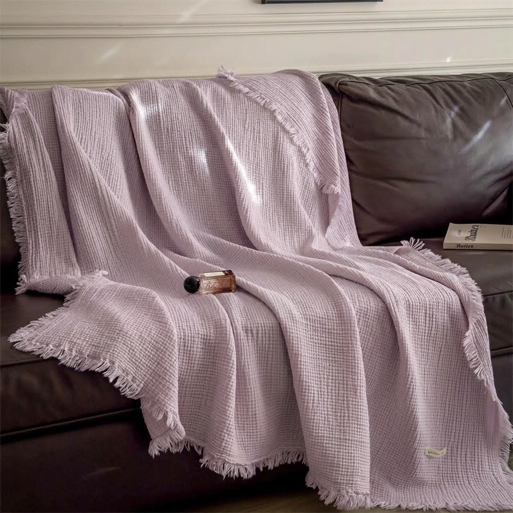Plaid NAYA Violet – 100 % Coton 4 Épaisseurs à Franges