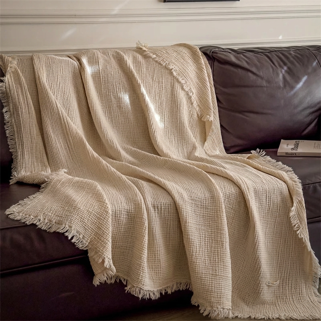 Plaid NAYA Taupe – 100 % Coton 4 Épaisseurs à Franges