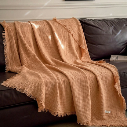 Plaid NAYA Orange – 100 % Coton 4 Épaisseurs à Franges