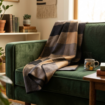 Plaid NOAH – 100 % Laine à Rayures Camel & Marron
