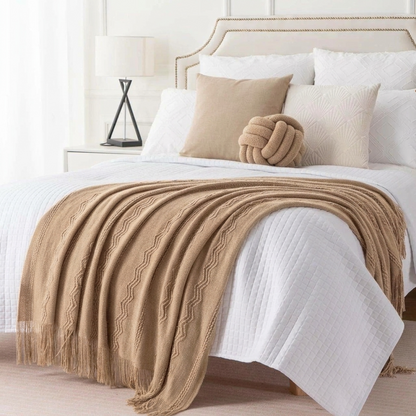 Plaid VELEN Beige – Tricoté à Motifs en Relief & Franges