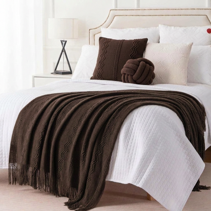 Plaid VELEN Marron – Tricoté à Motifs en Relief & Franges