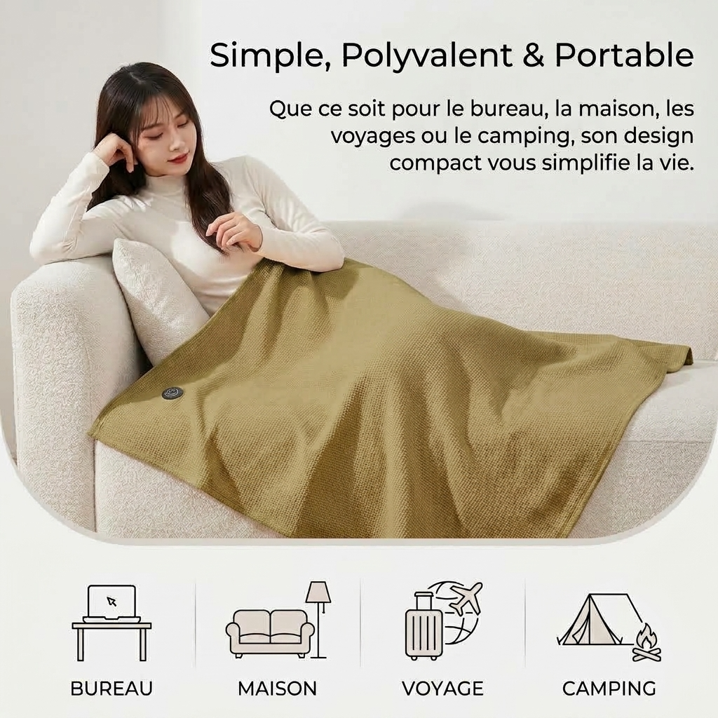 Plaid Chauffant NELYS Kaki - Portable à 3 Niveaux de Température