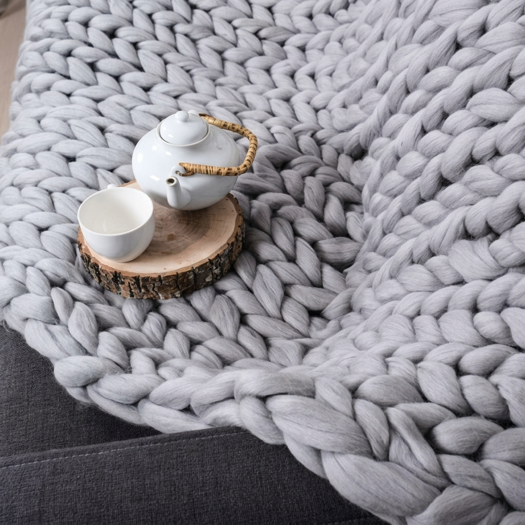 Plaid SOVEN Gris – 100 % Coton à Grosse Maille