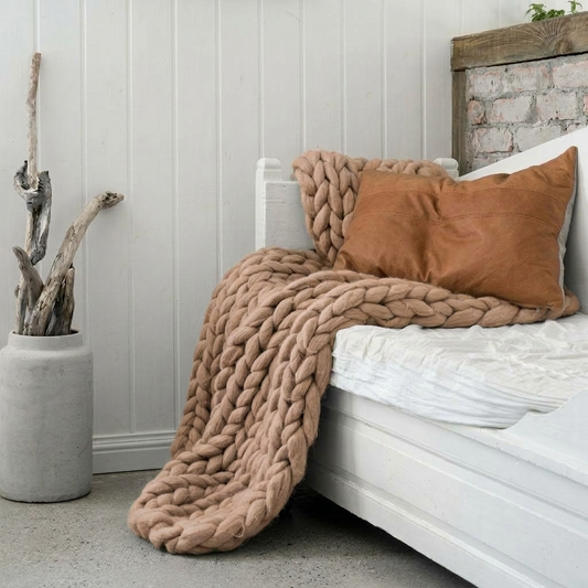 Plaid SOVEN Camel – 100 % Coton à Grosse Maille