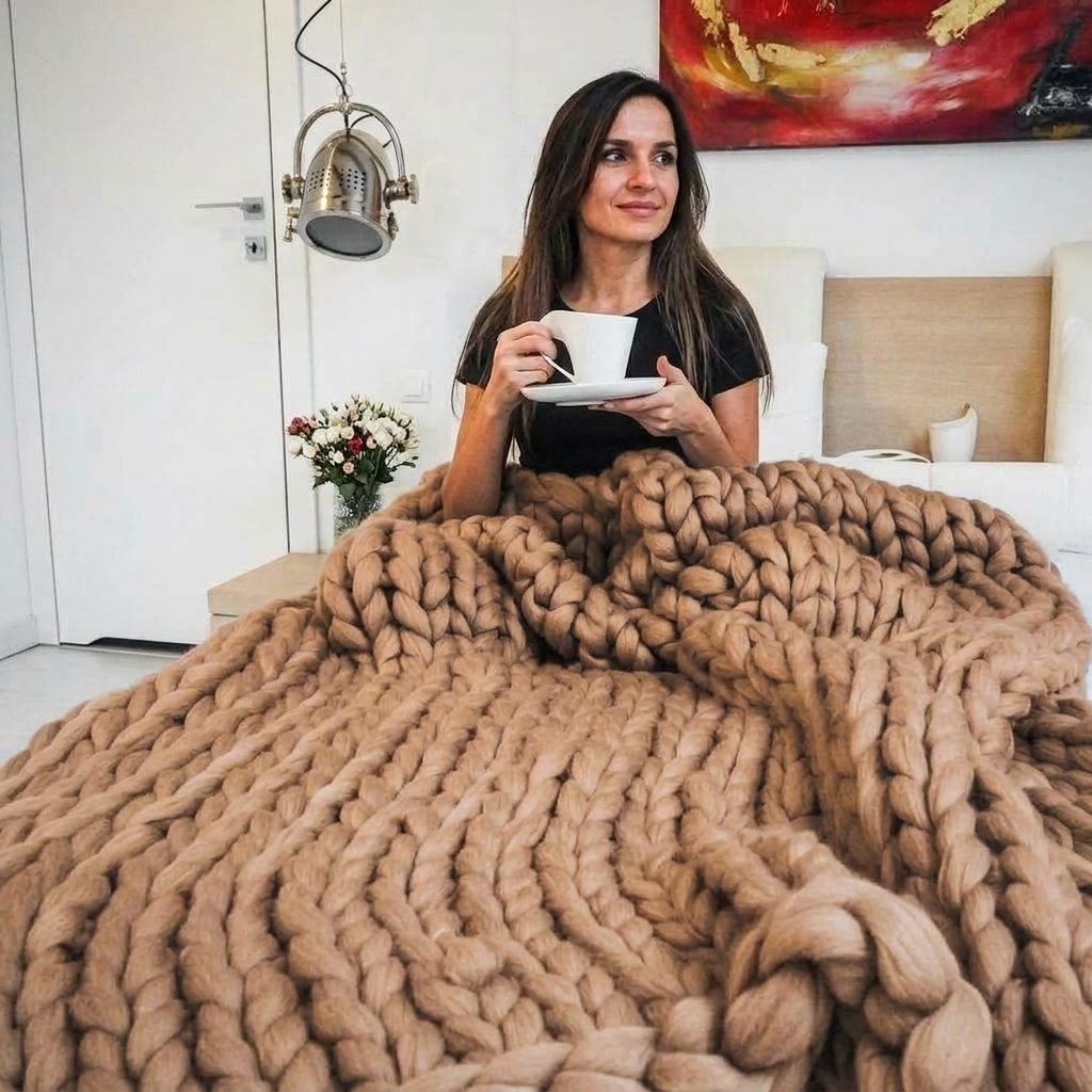 Plaid SOVEN Camel – 100 % Coton à Grosse Maille