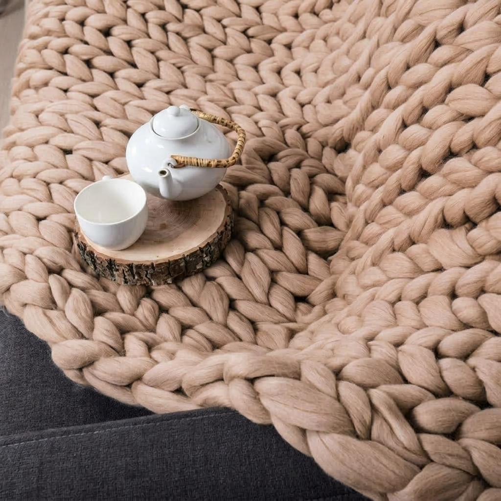 Plaid SOVEN Camel – 100 % Coton à Grosse Maille