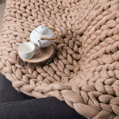 Plaid SOVEN Camel – 100 % Coton à Grosse Maille