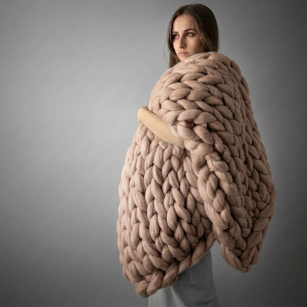 Plaid SOVEN Camel – 100 % Coton à Grosse Maille