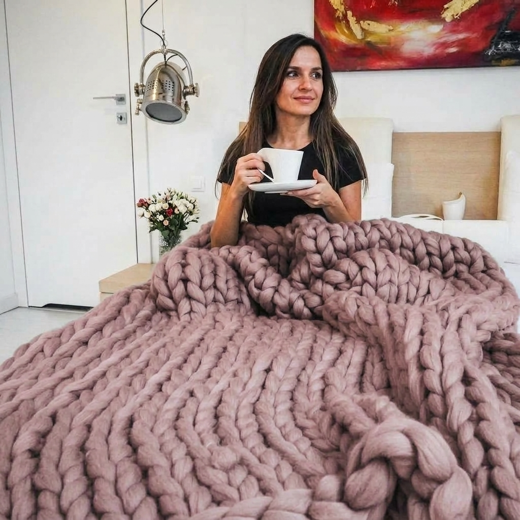 Plaid SOVEN Rose – 100 % Coton à Grosse Maille