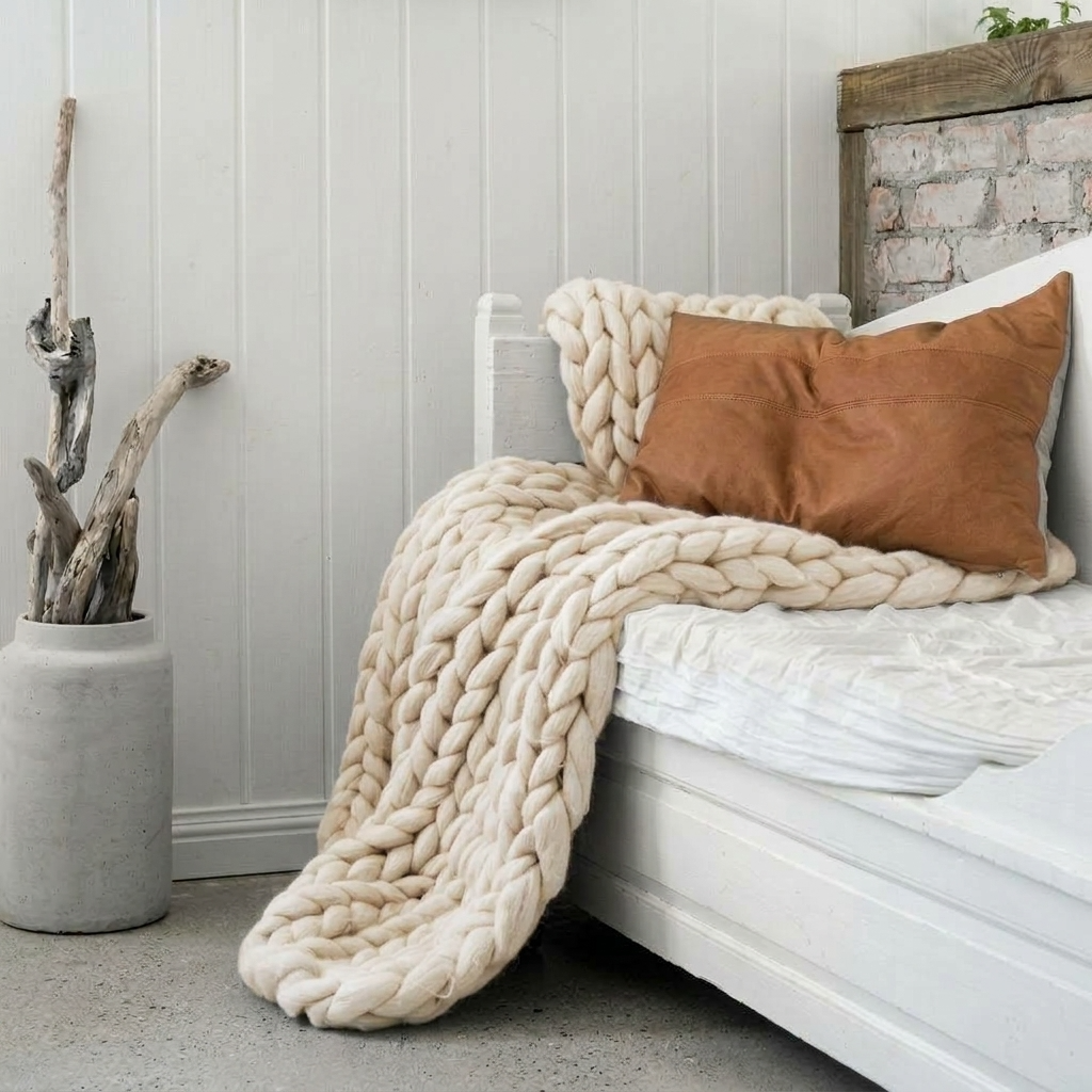 Plaid SOVEN Blanc – 100 % Coton à Grosse Maille