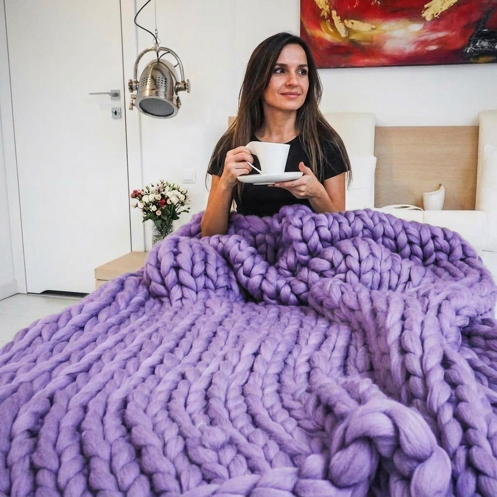 Plaid SOVEN Violet – 100 % Coton à Grosse Maille