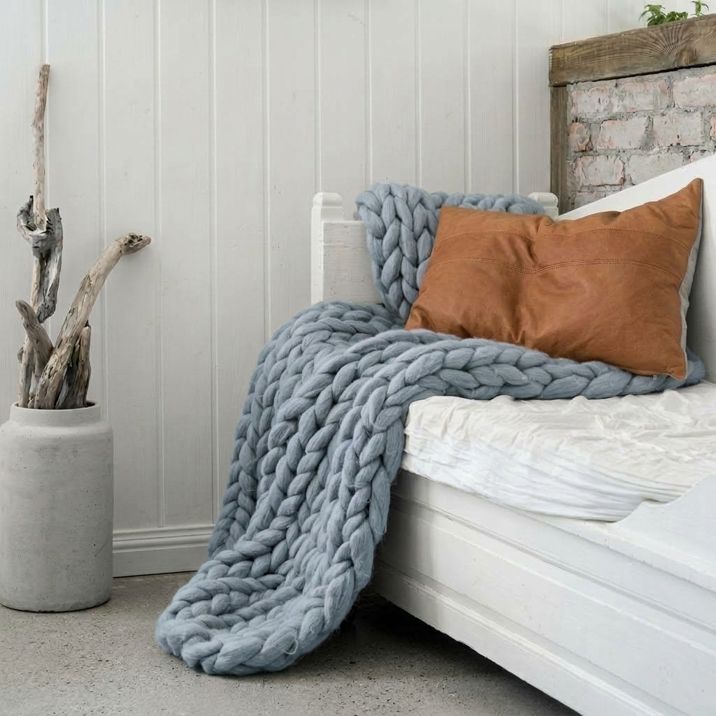 Plaid SOVEN Bleu – 100 % Coton à Grosse Maille