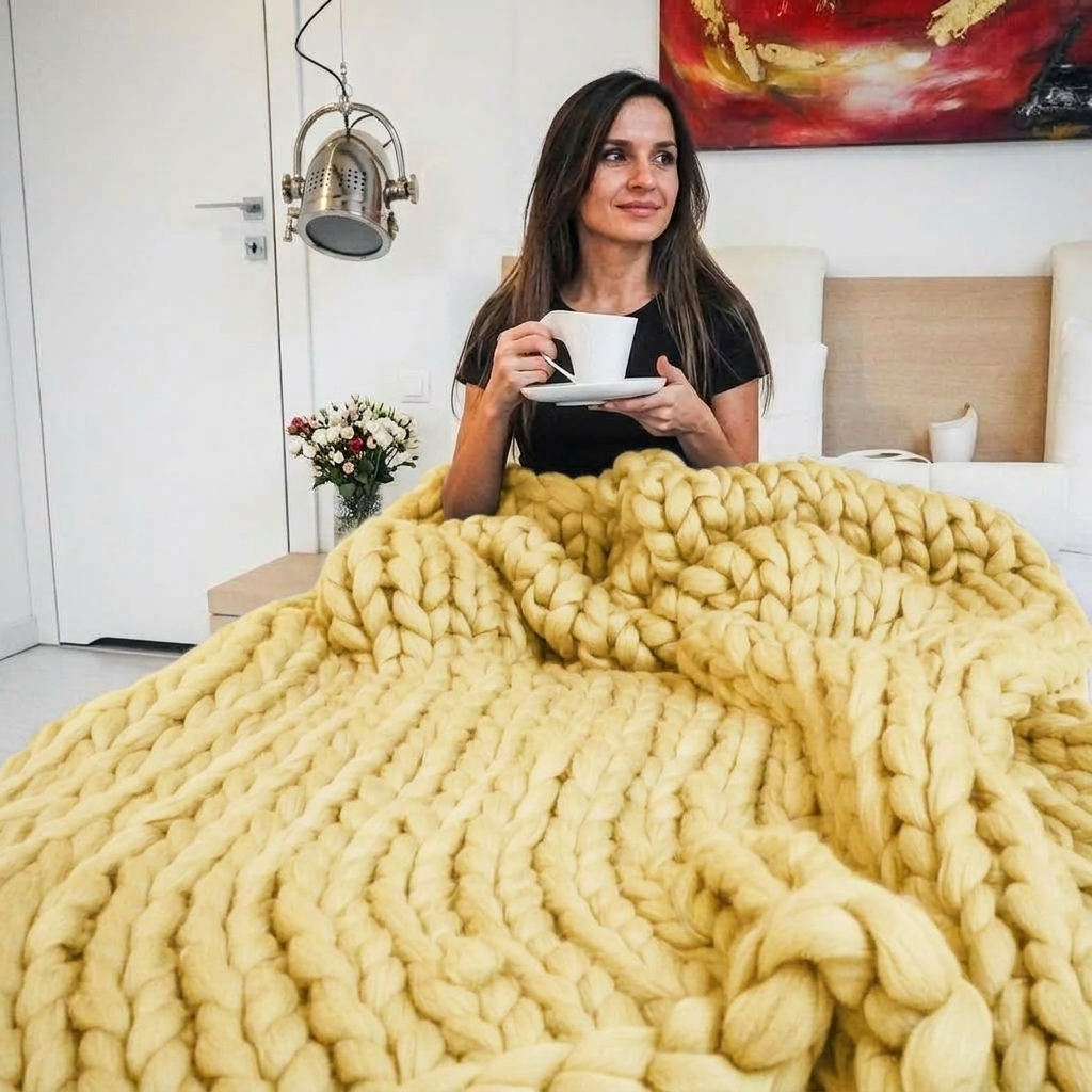 Plaid SOVEN Jaune – 100 % Coton à Grosse Maille