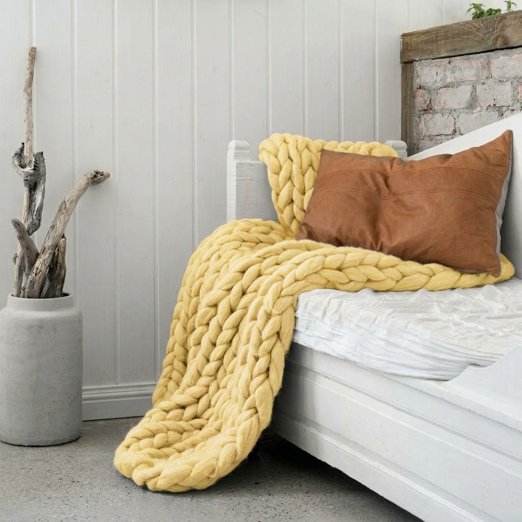 Plaid SOVEN Jaune – 100 % Coton à Grosse Maille