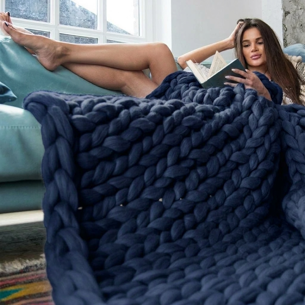 Plaid SOVEN Marine – 100 % Coton à Grosse Maille