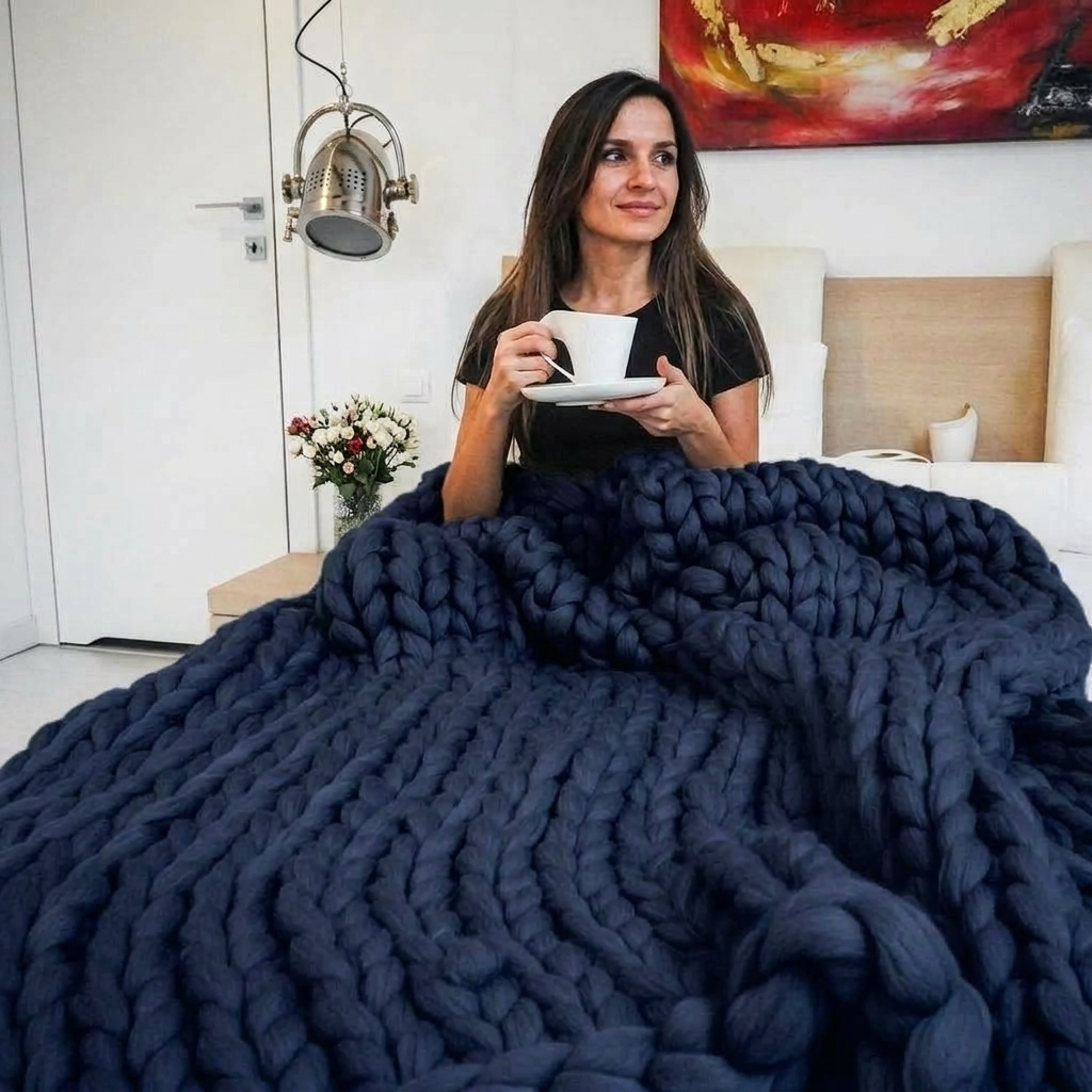 Plaid SOVEN Marine – 100 % Coton à Grosse Maille