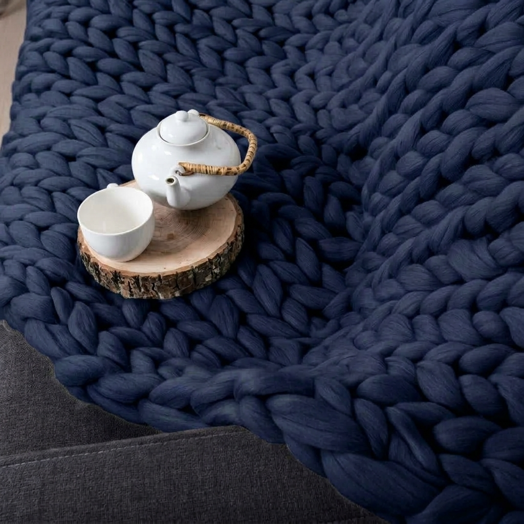 Plaid SOVEN Marine – 100 % Coton à Grosse Maille